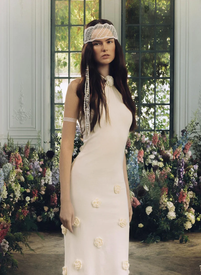 Lichi Jersey maxi dress with knitted flowers on the skirt